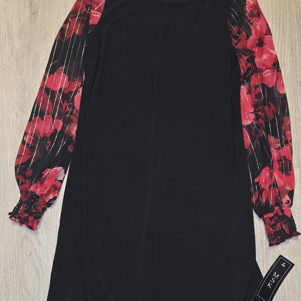 MSK Black Dress with Red Floral Sleeves